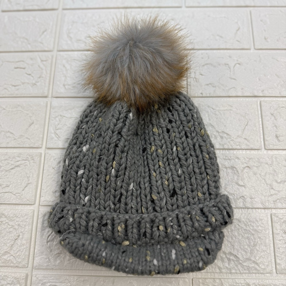 Surell Womens Faux Fur Pom-Pom Knit Beanie Gray Blue Frost 1739FF OS